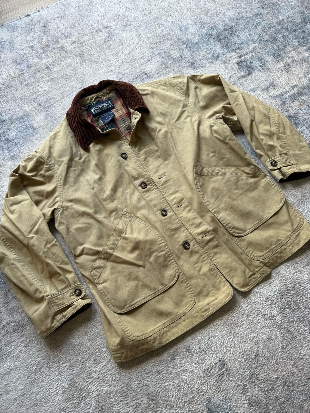 Lands’ End Men’s Large 42 44 Barn Chore Jacket Tan Corduroy Collar Plaid Lined